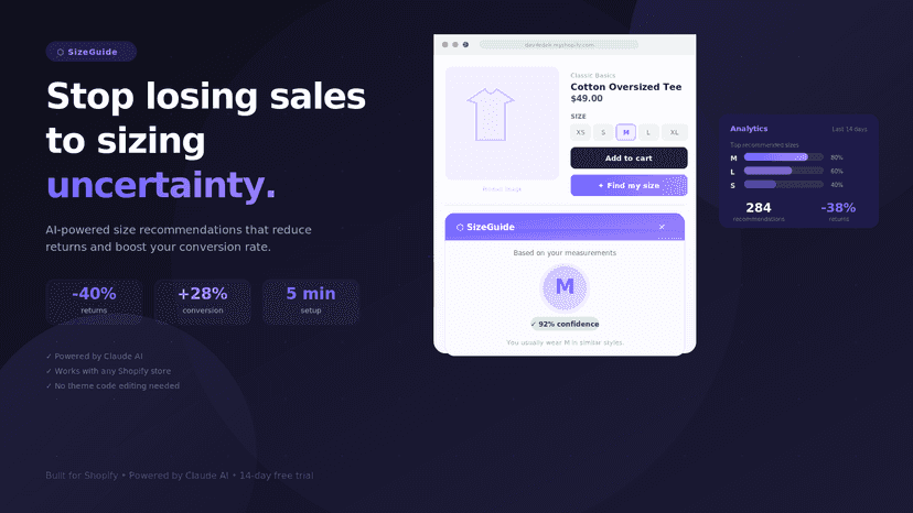 Size recommendation widget on a Shopify product page