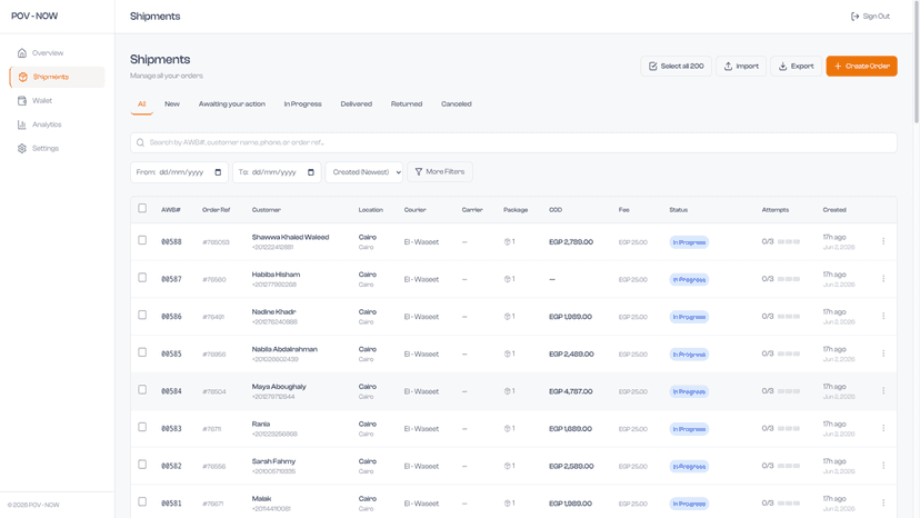 Main orders tracking page