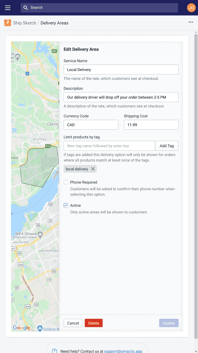 Mobile view of editing a delivery area options