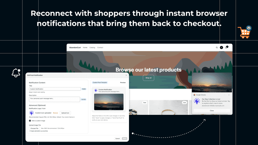 Send browser push notifications to recover abandoned carts