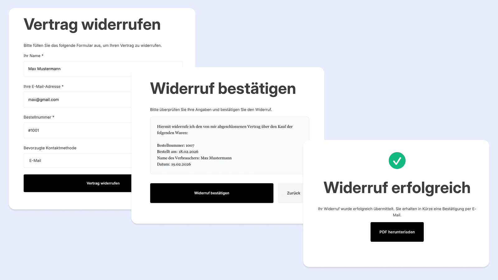 Widerrufsbutton, Formular, Email & PDF
