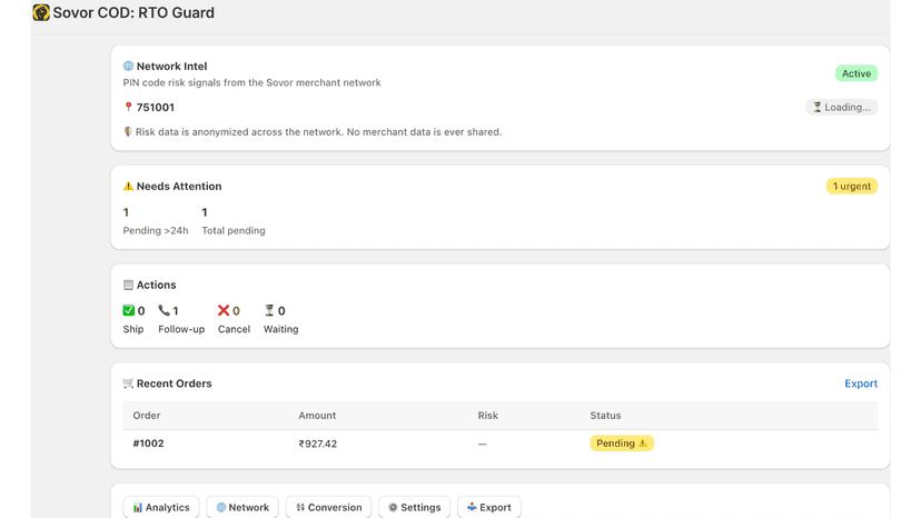 Sovor COD Dashboard Screenshot with order details