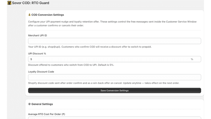 Settings Dashboard showing COD Conversion Settings