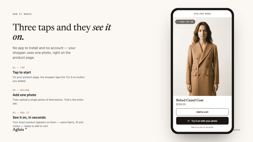 Three steps: tap, upload one photo, see the product on you