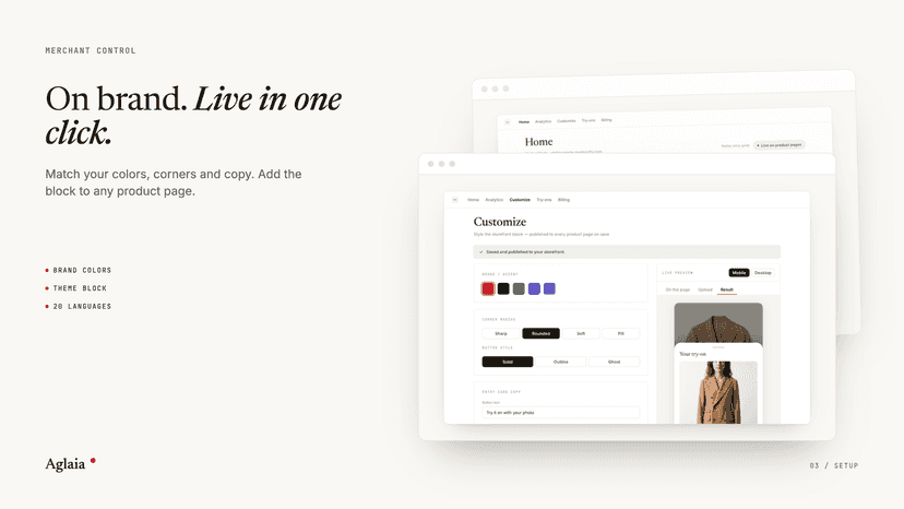 Aglaia Customize screen with brand colors and live preview