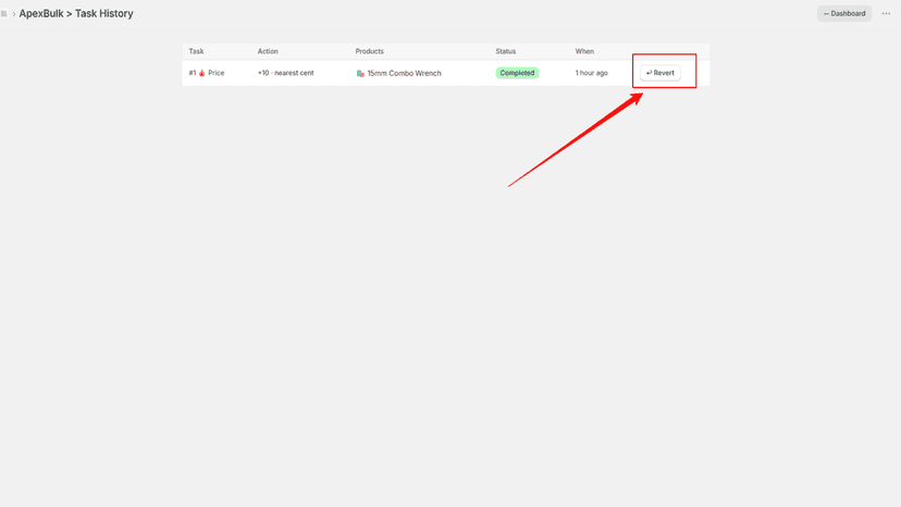 Task history with completed bulk edit showing one-click revert