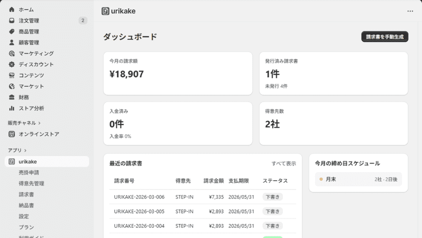 URIKAKEダッシュボード - 月次請求書の発行状況、入金率、得意先数をKPIカードで一覧表示