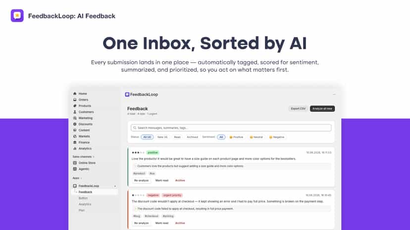 Feedback inbox with AI sentiment, priority and topic tags