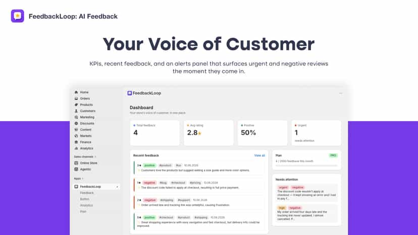 Dashboard with KPIs, recent feedback and alerts