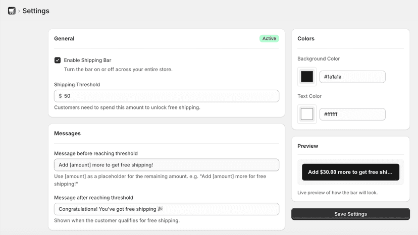 Nova Shipping Bar welcome dashboard with setup instructions and