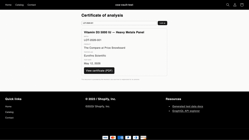 Customer viewing a batch certificate on a storefront