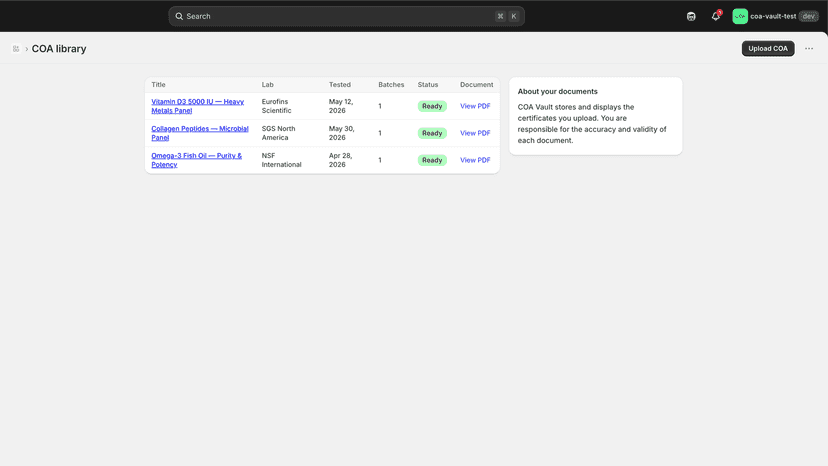 COA library with lab certificates and statuses