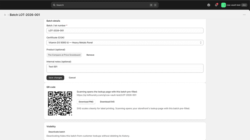 Batch page with print-ready QR code