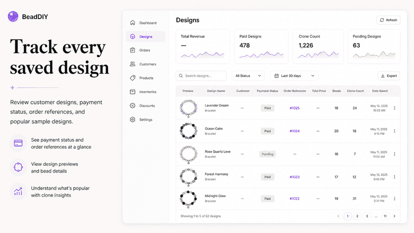 Saved designs and paid order tracking