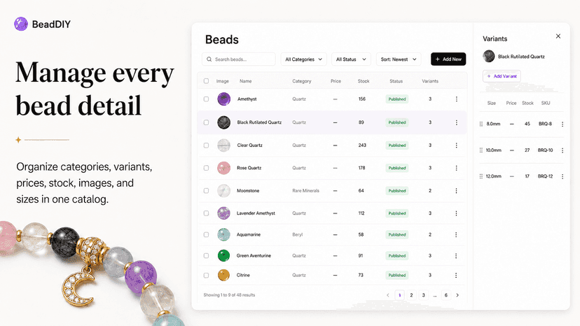 Bead catalog management with variants