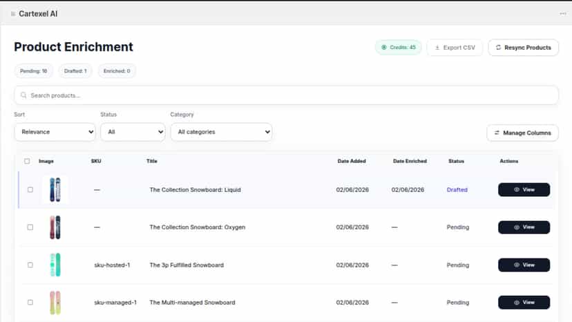 Product list in Cartexel AI ready to select for enrichment