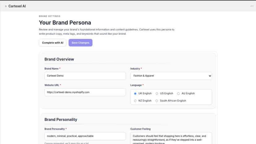 Brand profile setup defining store tone and style for AI