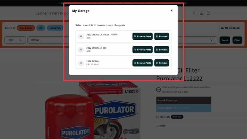 Built-in My Garage Functionality for quick vehicle retrieval