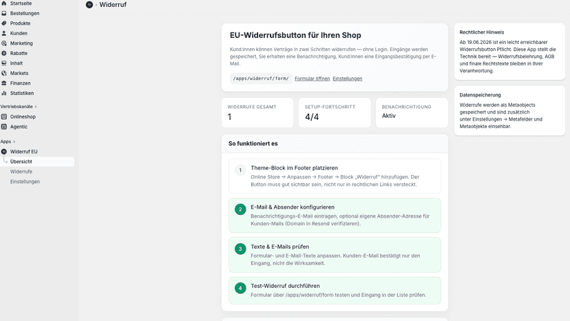 Admin-Übersicht mit Widerrufsliste und Setup