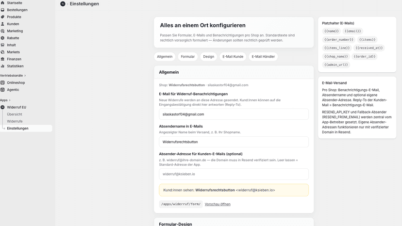 Einstellungen für E-Mails und Formular-Texte
