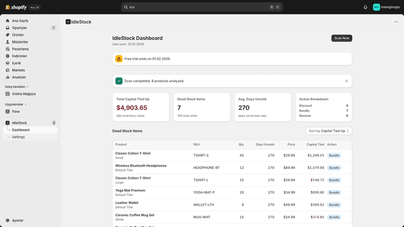 Dead stock table view with product details and action suggestion