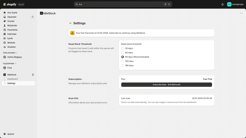 IdleStock settings page with threshold and subscription options