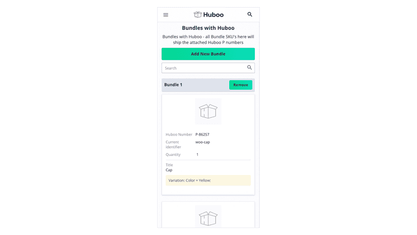 The Huboo customer bundle listing screen on a mobile device