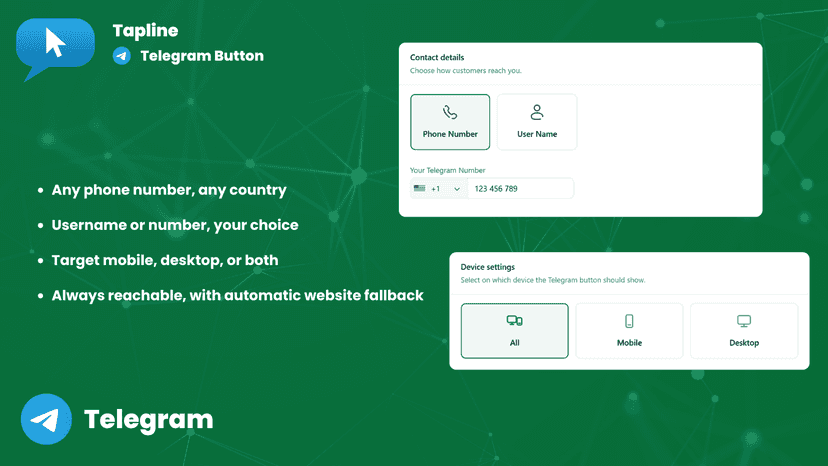 Tapline Telegram button woks with account and phone number