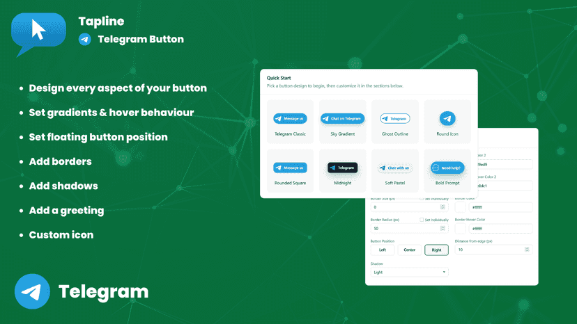 Tapline Telegram button has extensive settings