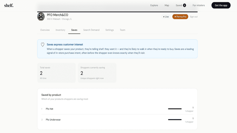 View of saved item analytics for retailers.