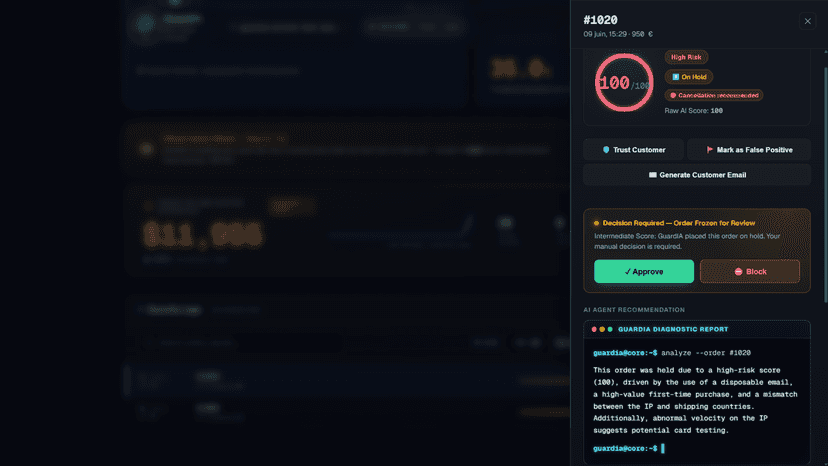 Detailed fraud analysis panel showing order risk score and signa