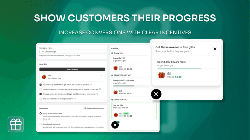 Free gift progress widget showing spend threshold in cart