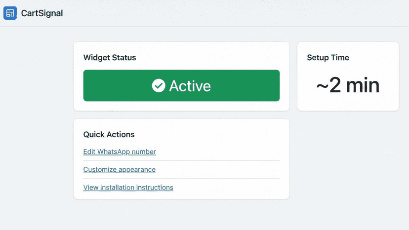 CartSignal dashboard showing active status and 2 min setup.