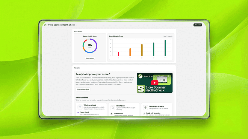 Home dashboard with Store Health score and top issues.”