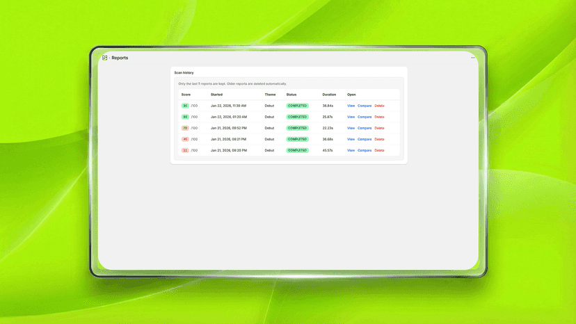 Results page showing categorized findings and severity.
