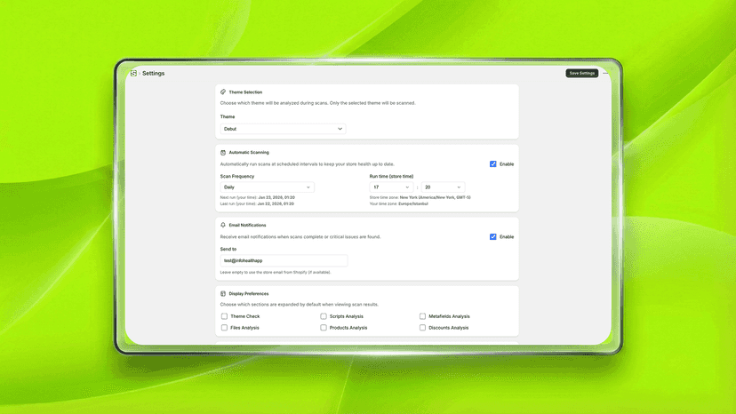 Settings screen for scan options and account preferences.