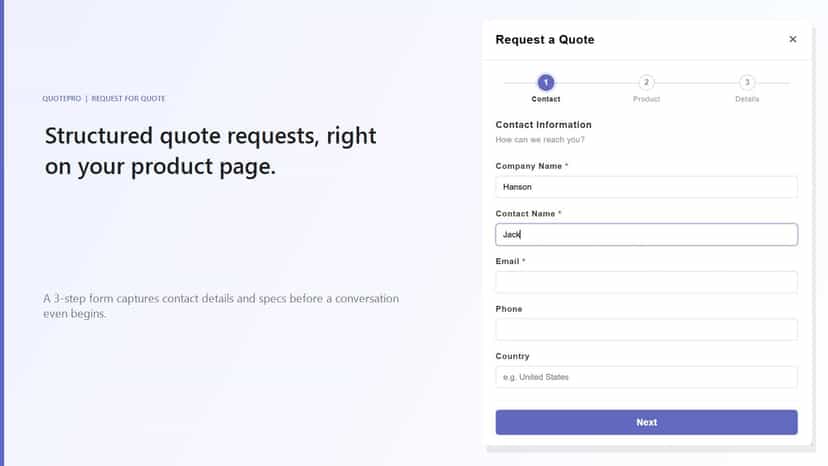 QuotePro multi-step RFQ modal showing contact step
