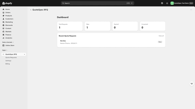 QuotePro admin dashboard with request stats
