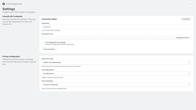 Settings page with API connection and pricing options