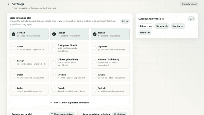 Settings page for store languages and target locales