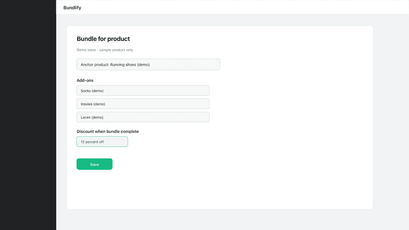 Admin screen showing bundle configuration for a product.