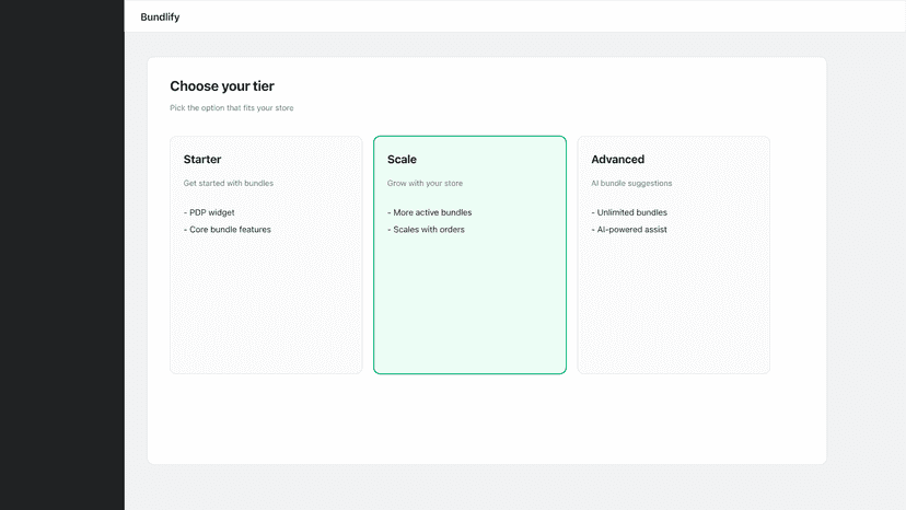 Bundlify billing plans screen inside Shopify admin.
