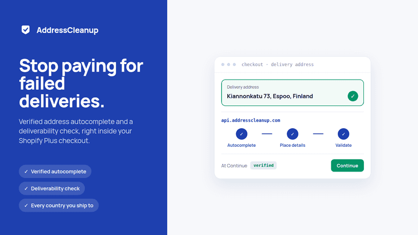 AddressCleanup checking a delivery address in Shopify checkout