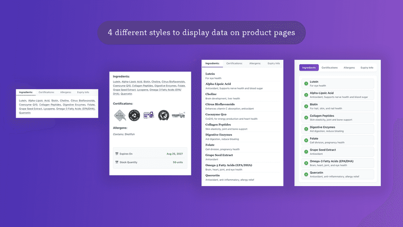 4 different layout styles to display data on products pages
