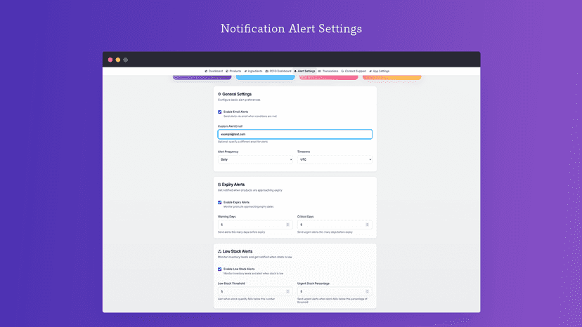 Alert Notifcation Settings. IngredientsPro & FEFO Manager app.