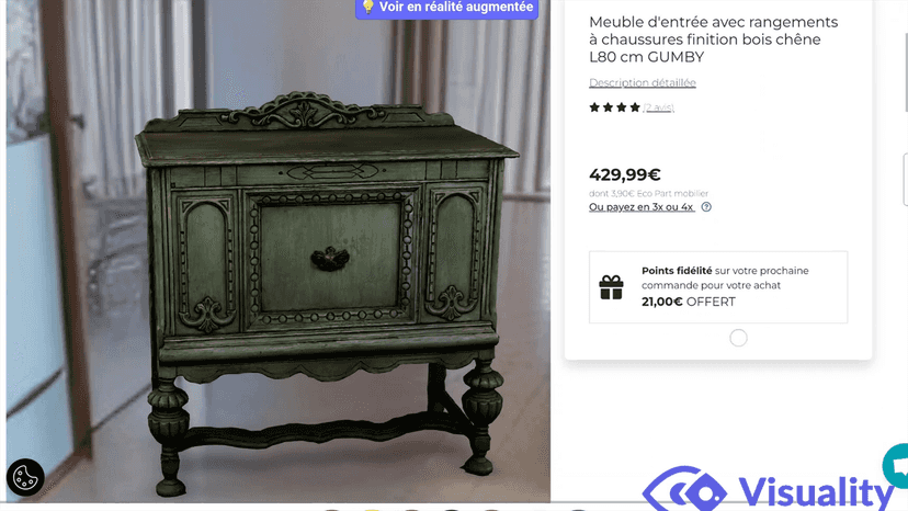 Visionneuse 3D Visuality intégrée sur une page produit Shopify.