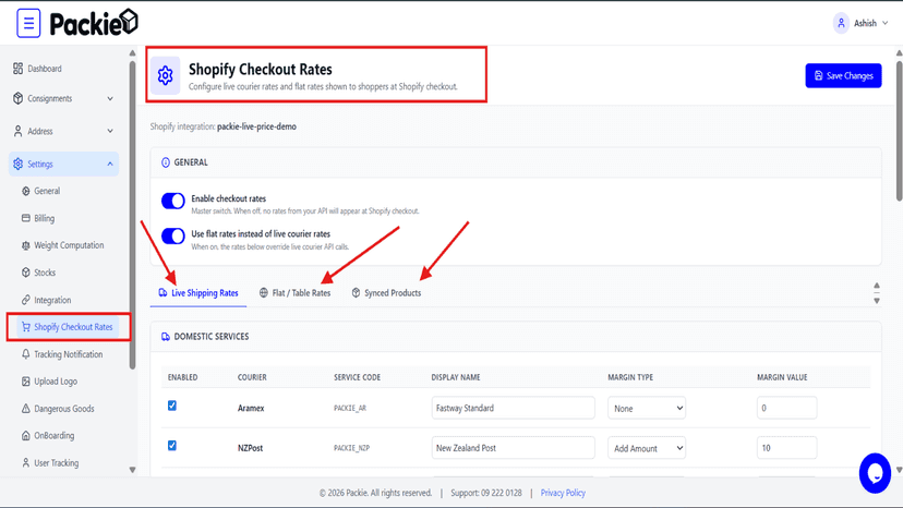 Live courier rates settings with margins and display names