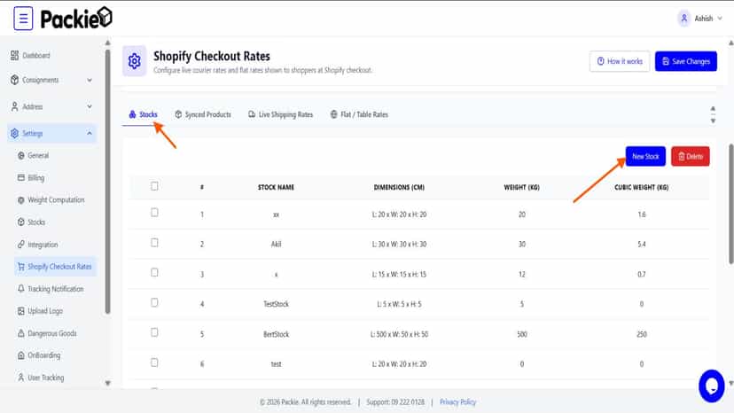 Define your shipping boxes - L W H and weight per stock for the