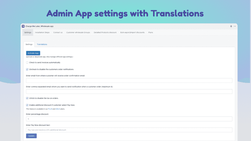 App admin settings with translations