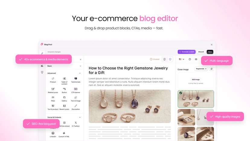 drag-and-drop editor blog post page editor with embeddings